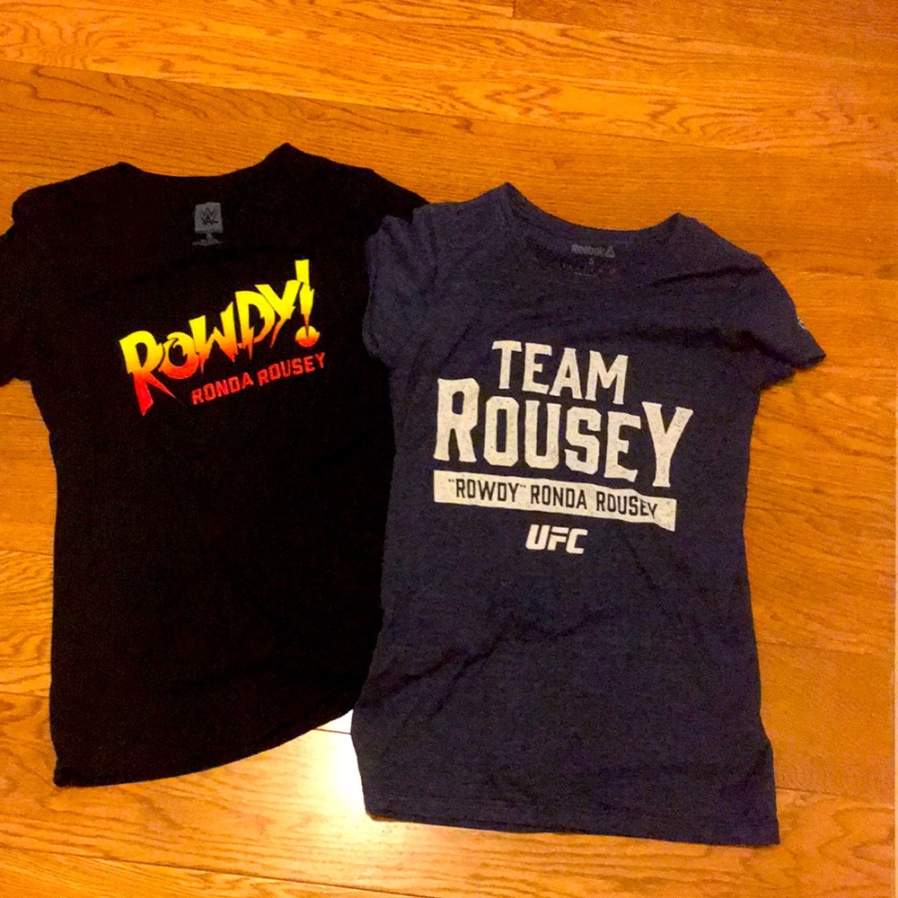 Authentic WWE and Reebok Ronda Rousey shirts.